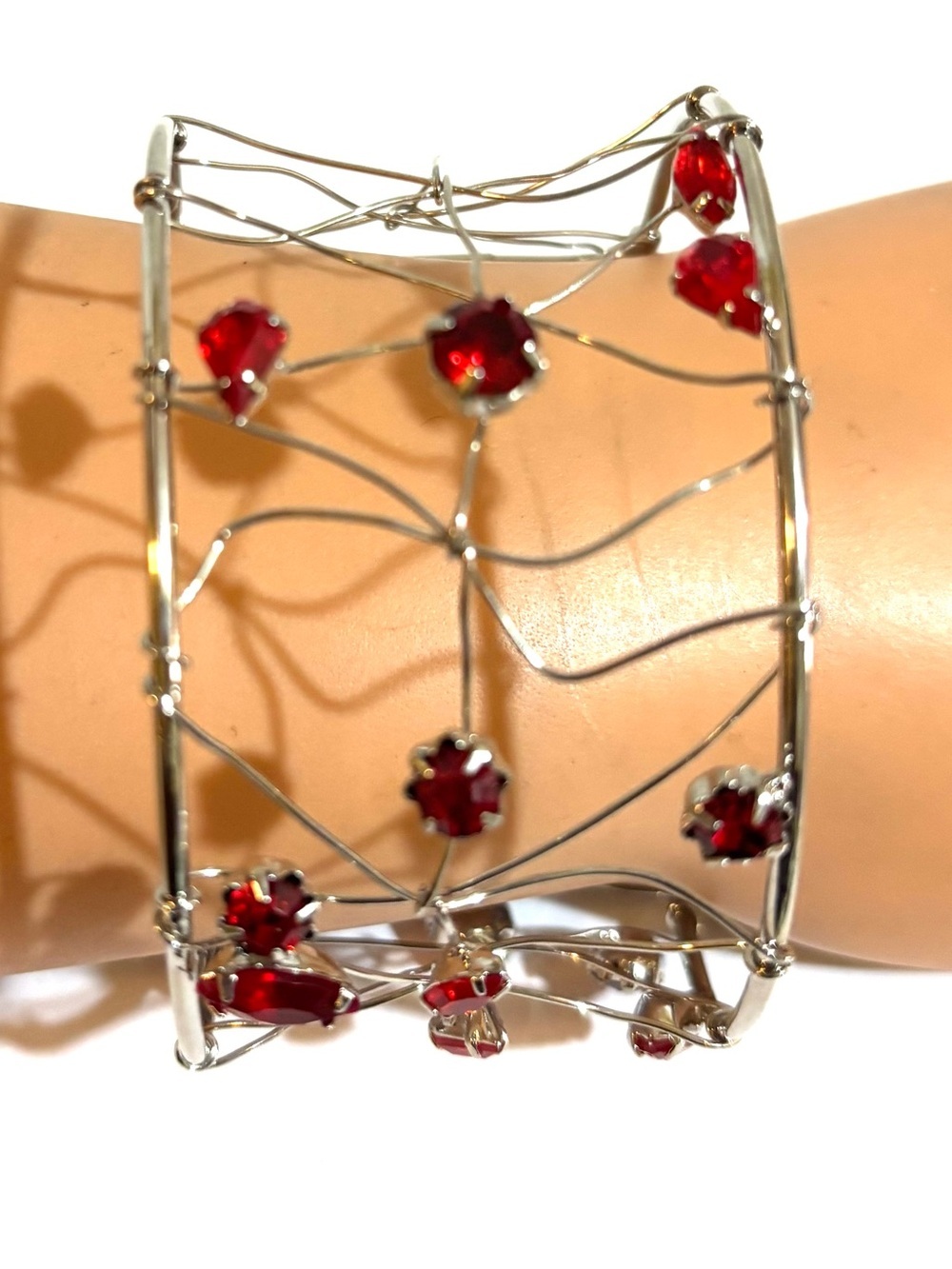 Silver-Tone Wire Cuff Bracelet with Red Crystal Accents